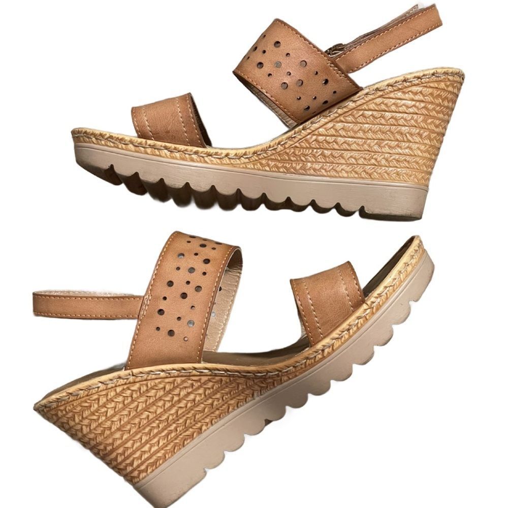 Lady Godiva Tan Wedges with Ankle Strap & Perforated Accents (Size: 7.5)